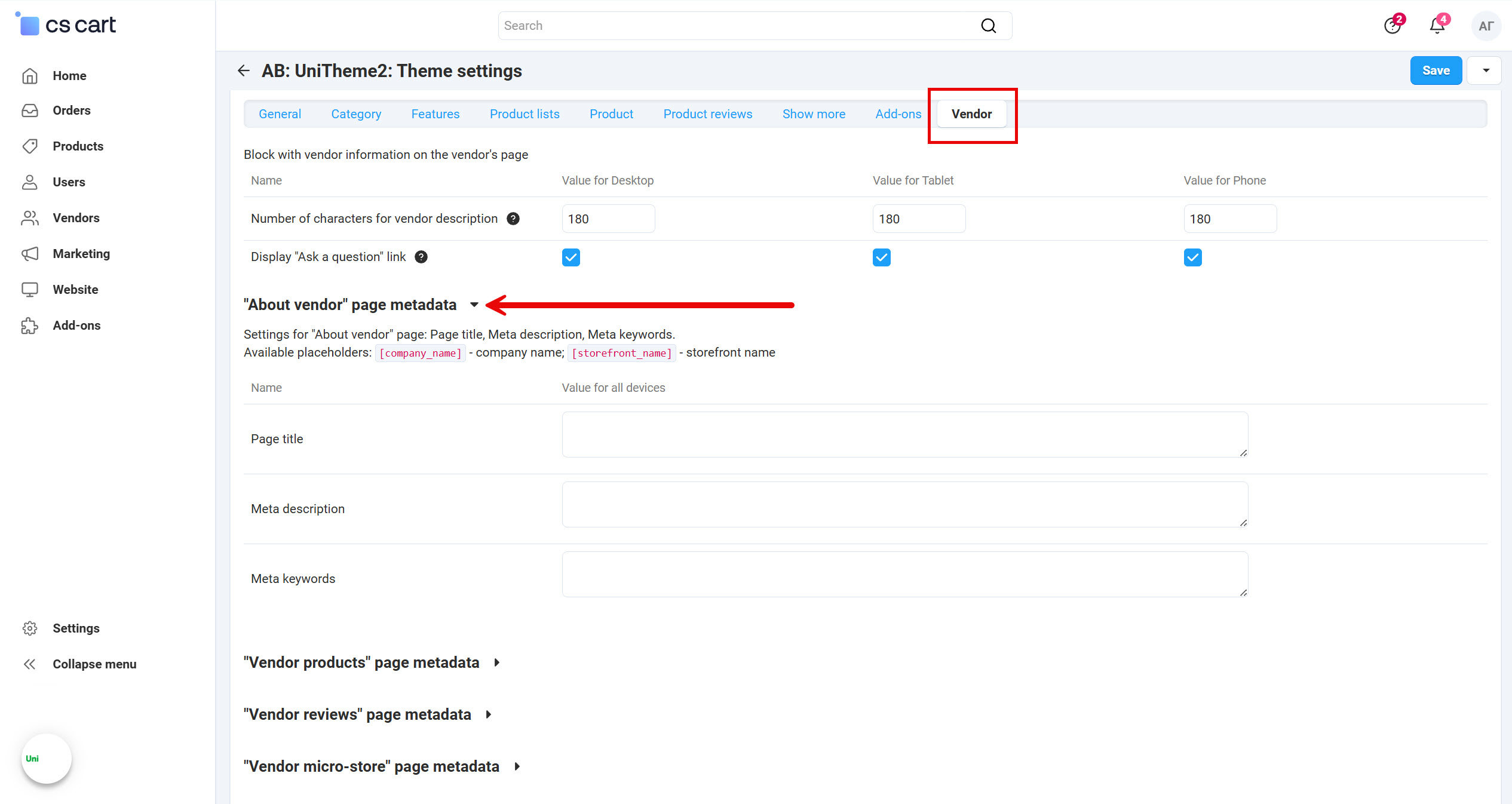 Metadata on vendor pages