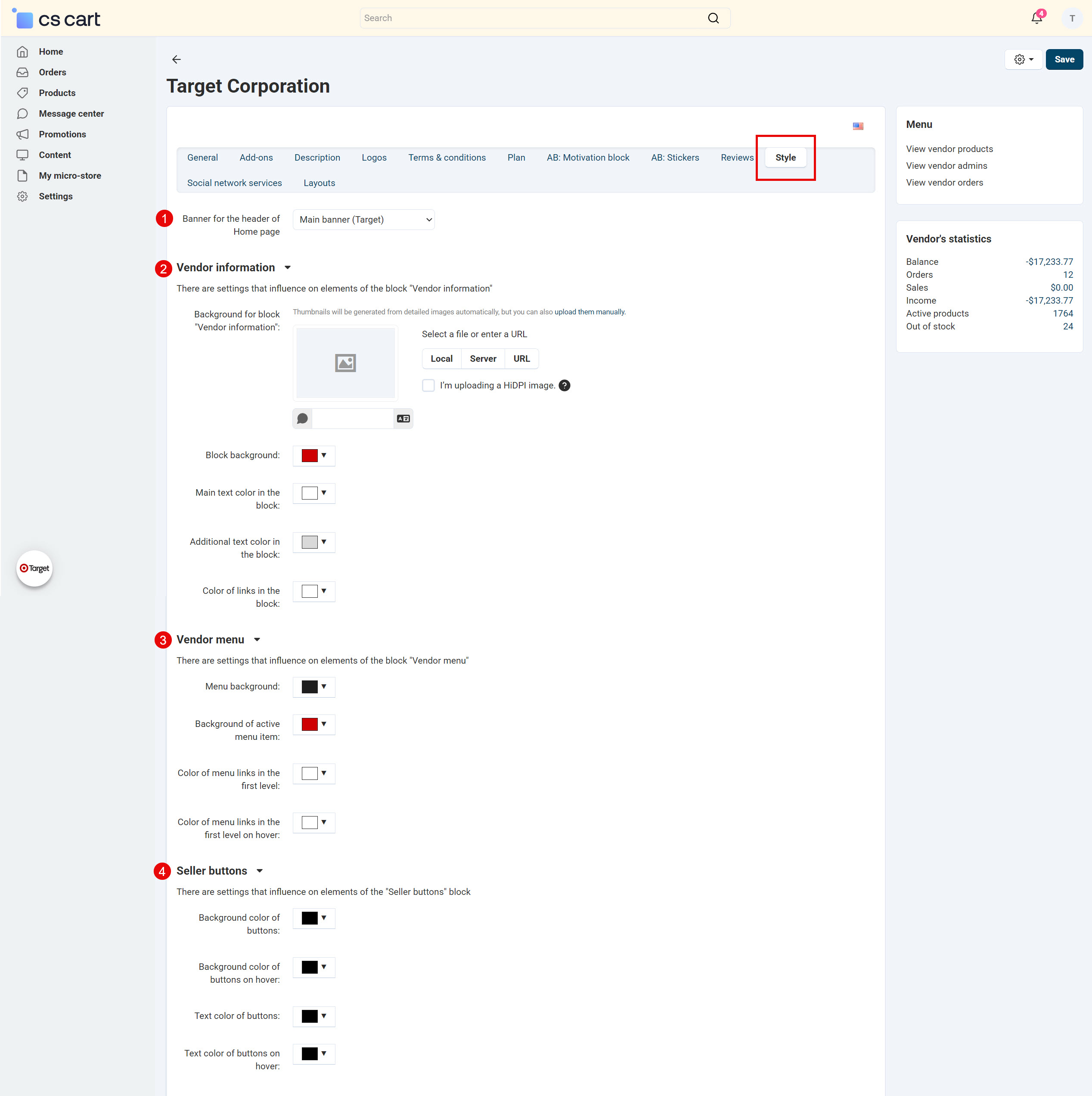 Style settings of pages and blocks of vendor on the "Seller info" page