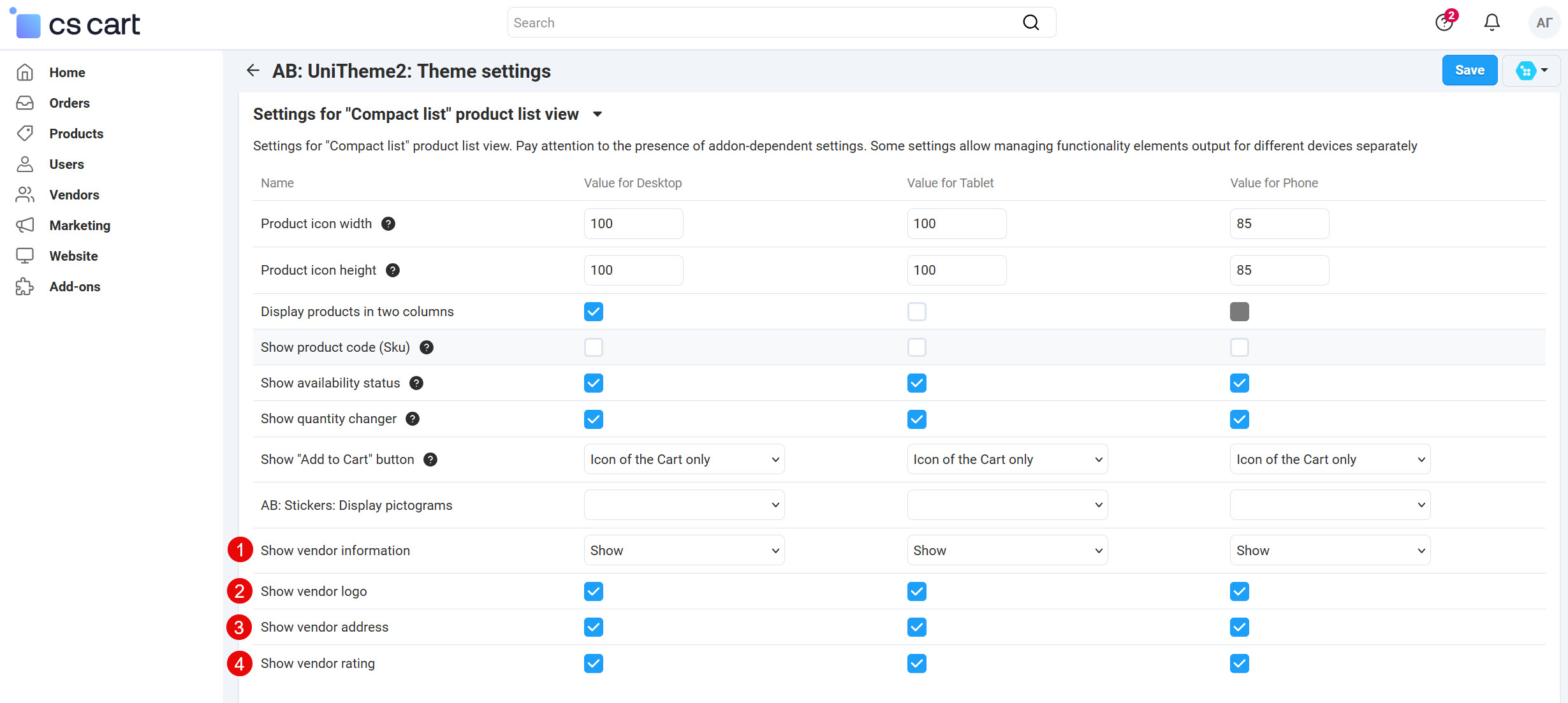 Vendor settings for "Compact list" product list view
