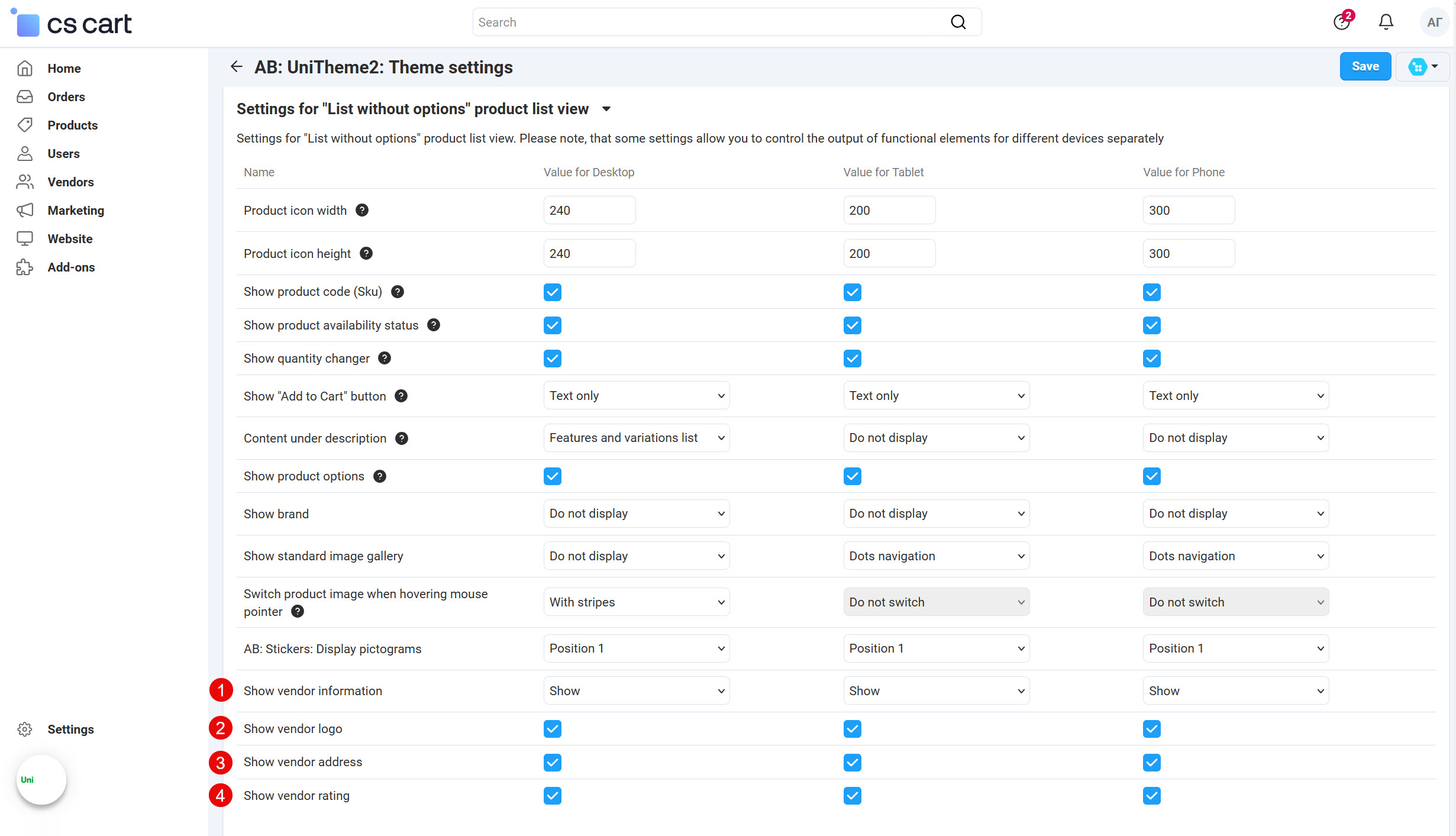 Vendor settings for "List without options" product list view
