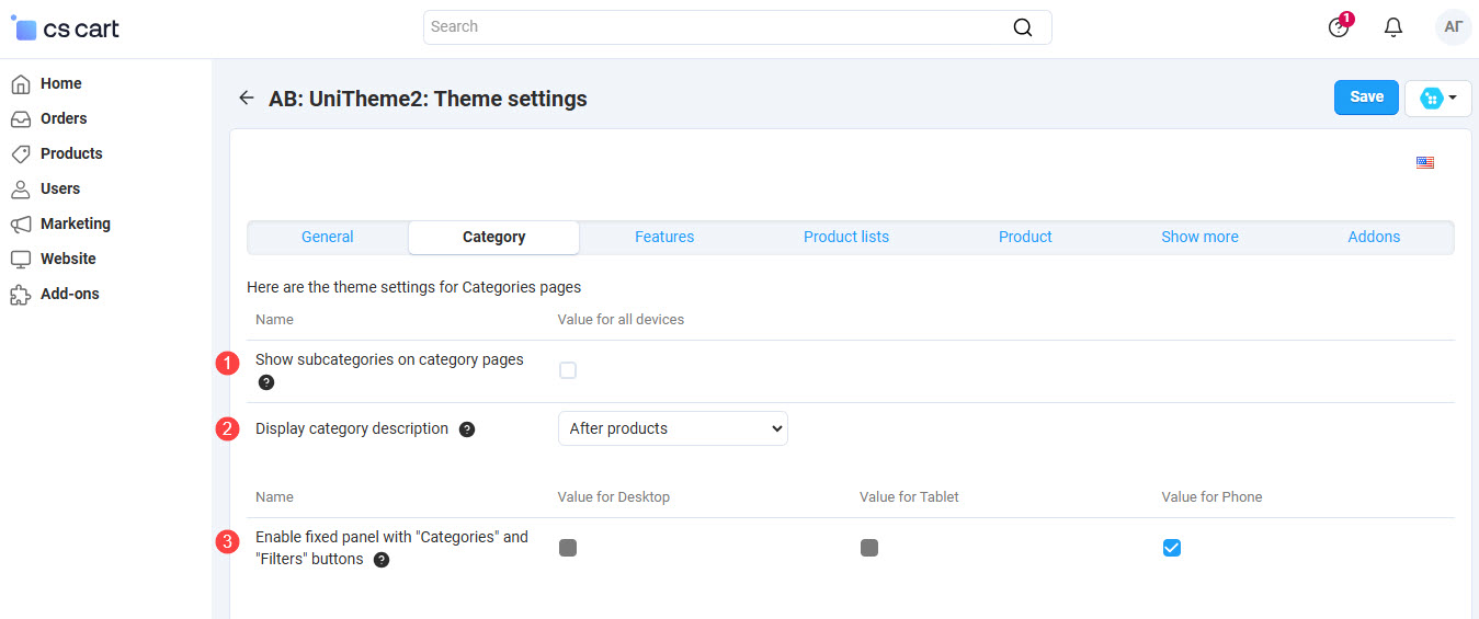 Settings for Category pages Settings for Category pages