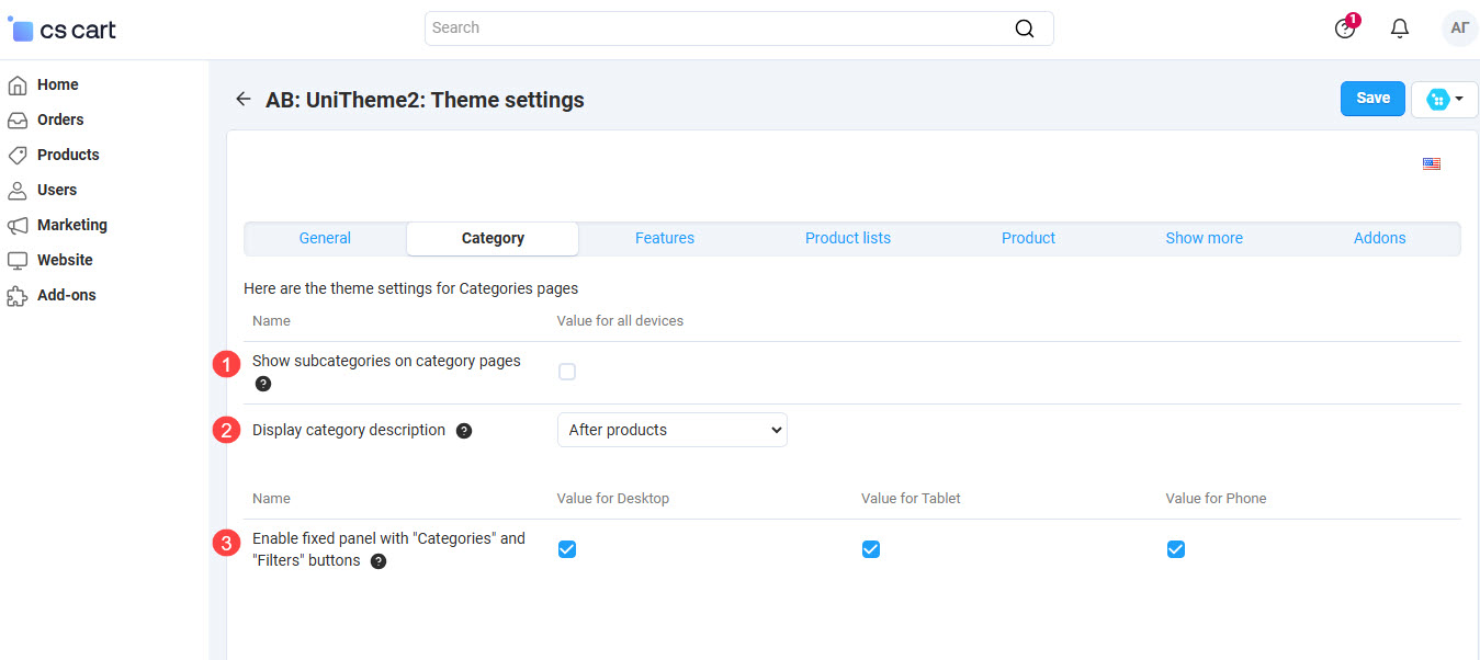 Settings for Category pages