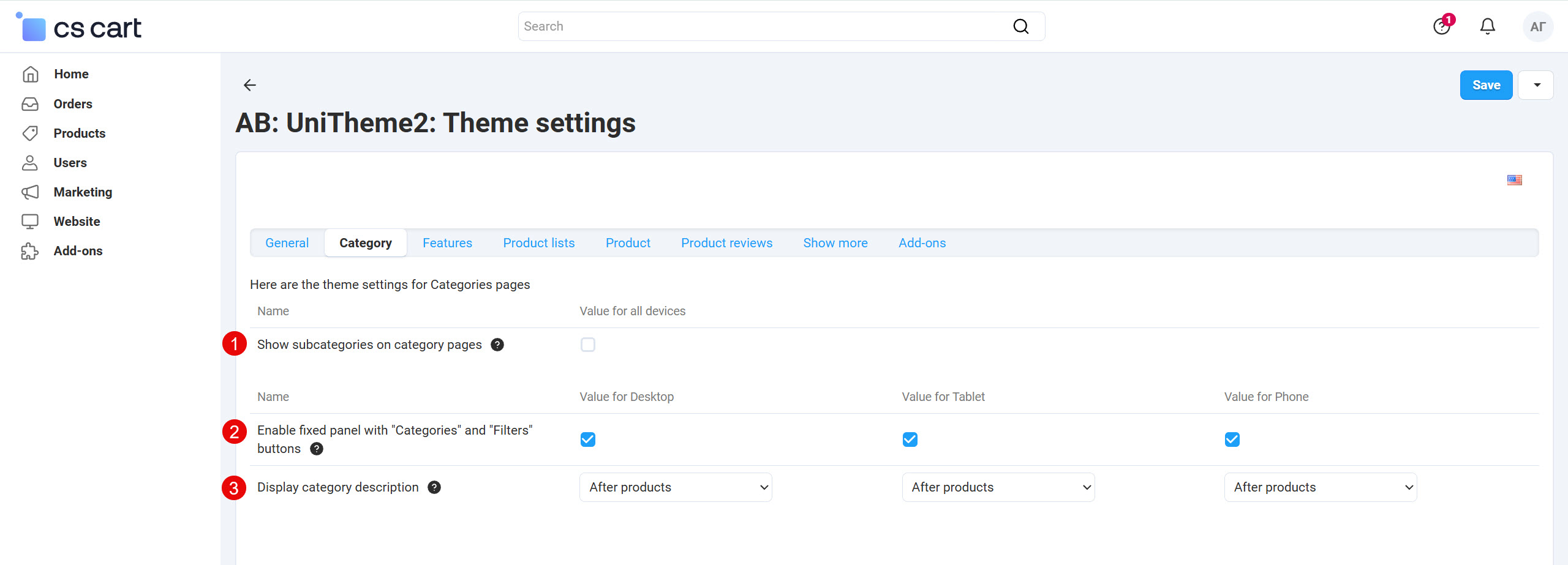 Settings for Category pages
