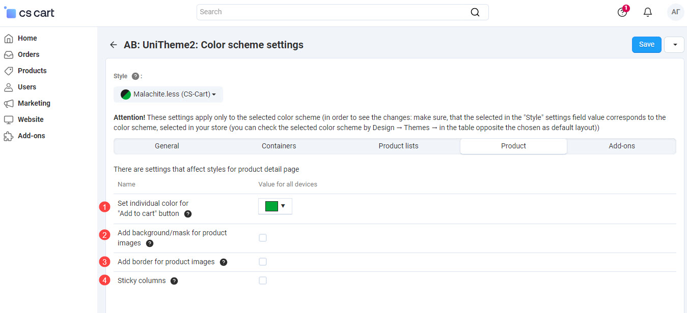 Color scheme settings - tab "Product" Color scheme settings - tab "Product"