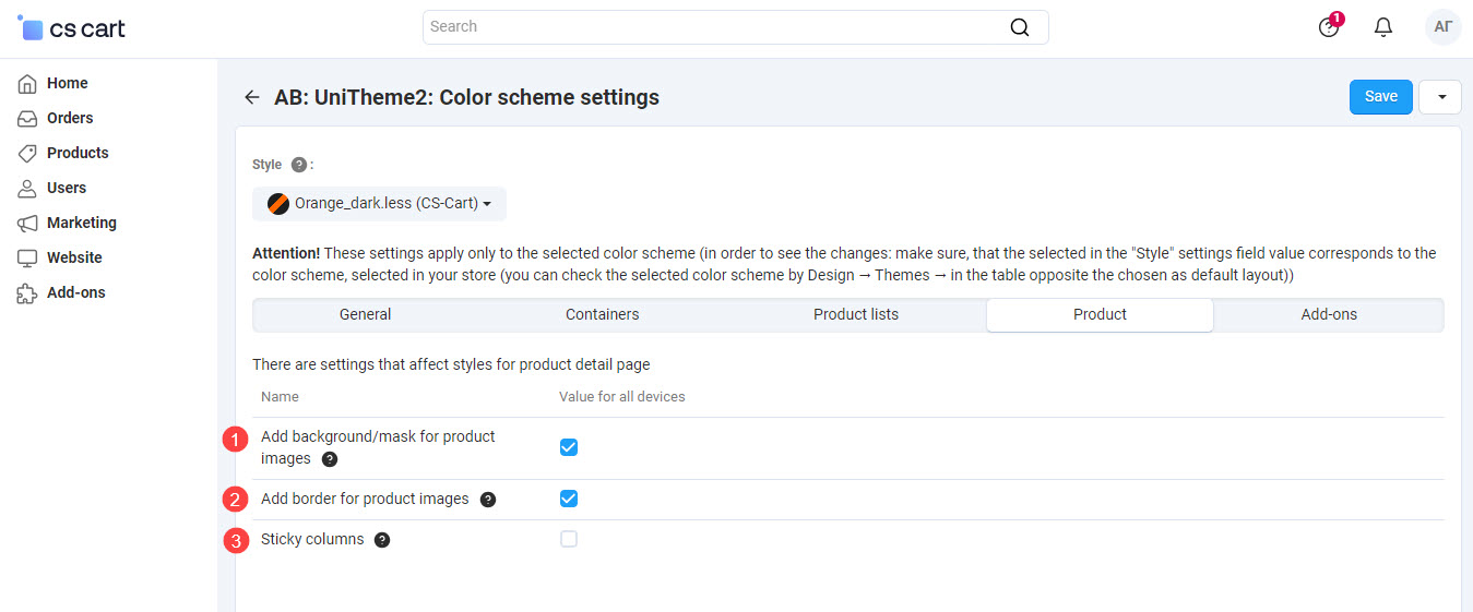Color scheme settings - tab "Product"