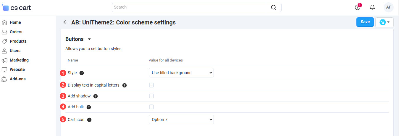 Color scheme settings - tab General, section Buttons