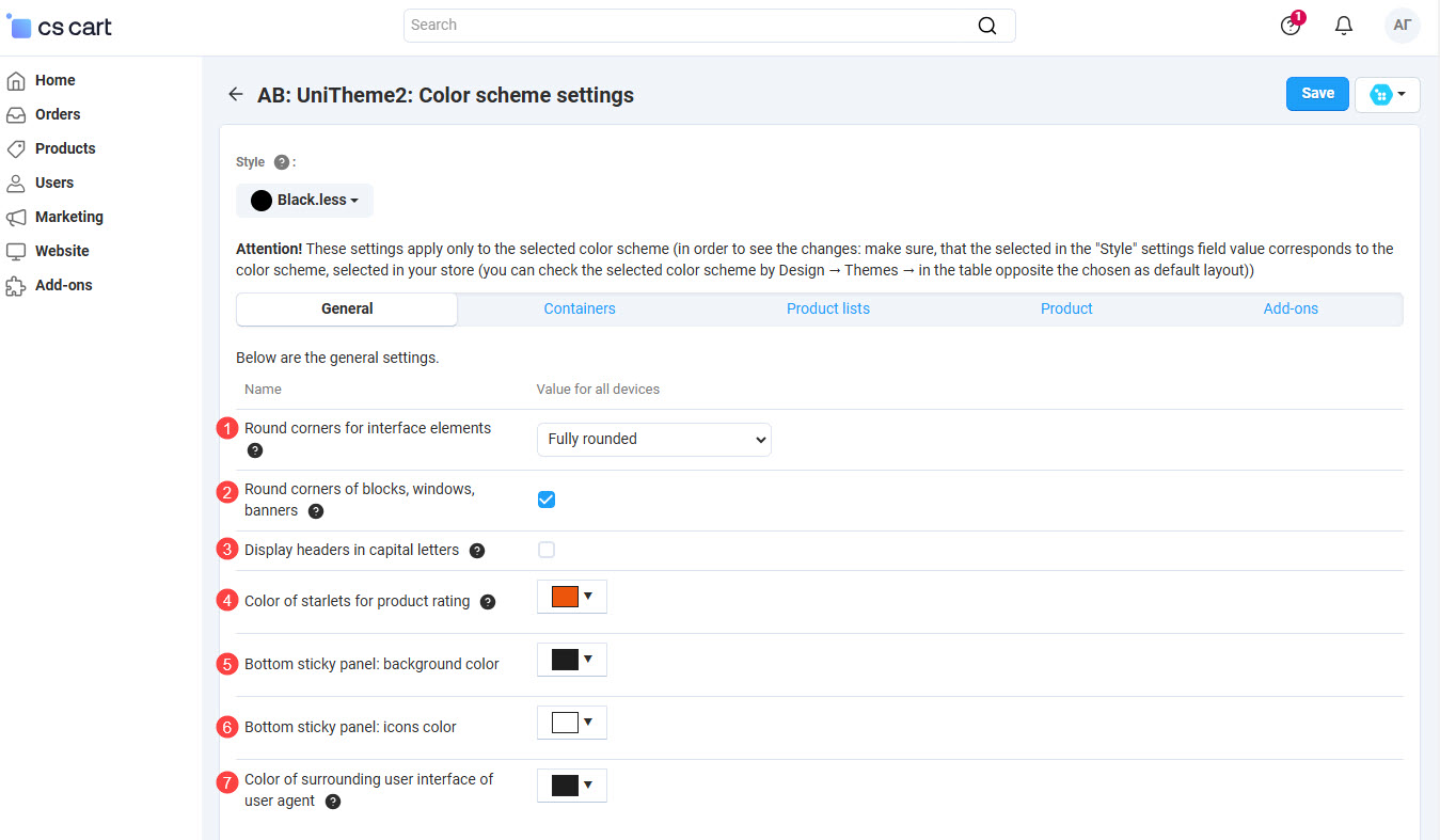 Color scheme settings - tab General Color scheme settings - tab General