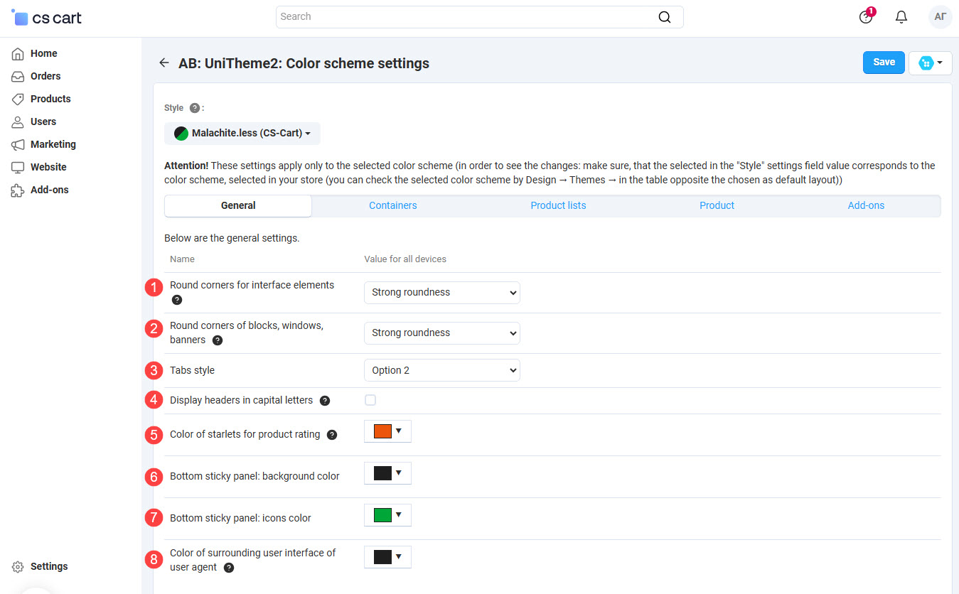 Color scheme settings - tab General