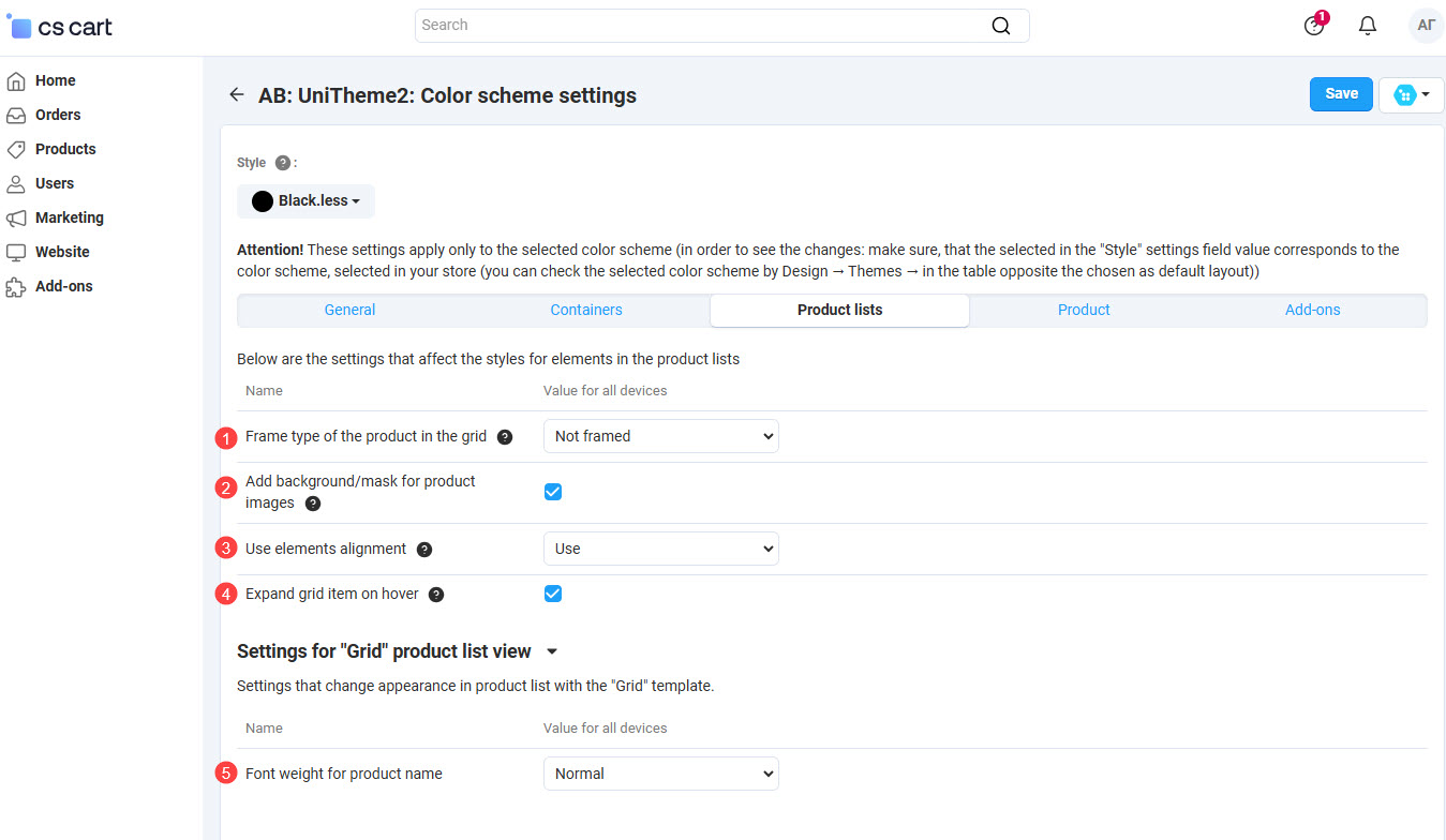 Color scheme settings - tab "Product lists"