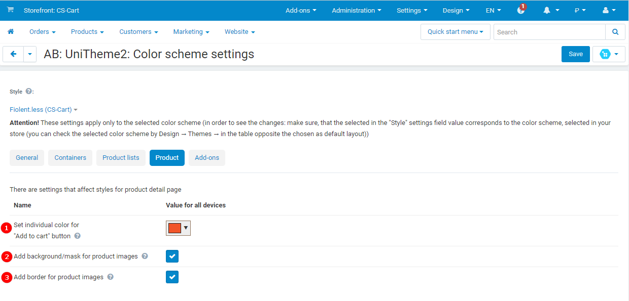 Color scheme settings - tab Product) Color scheme settings - tab Product)