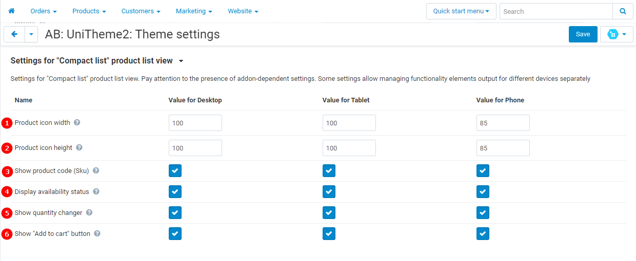 Settings for "Compact list" product list view Settings for "Compact list" product list view