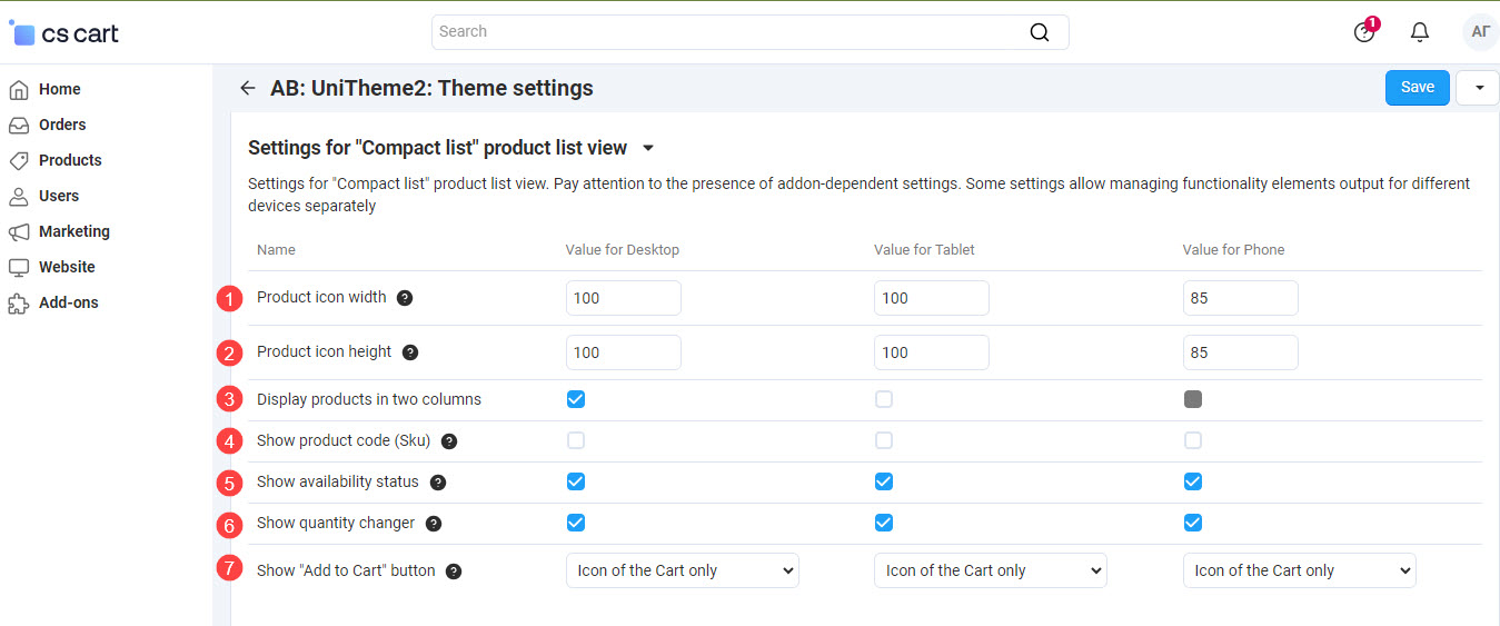 Settings for "Compact list" product list view