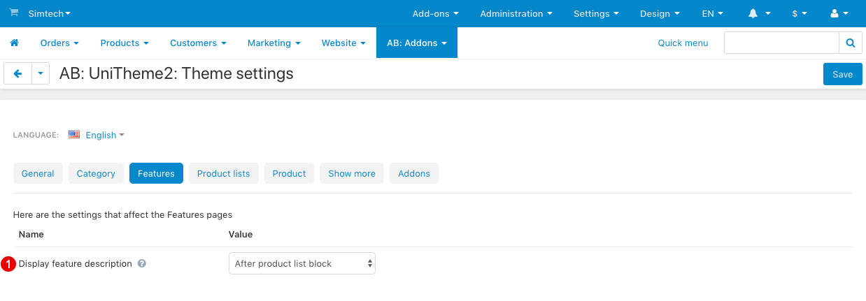 Settings for the Features pages (Purpose: Brand, author, etc.) Settings for the Features pages (Purpose: Brand, author, etc.)
