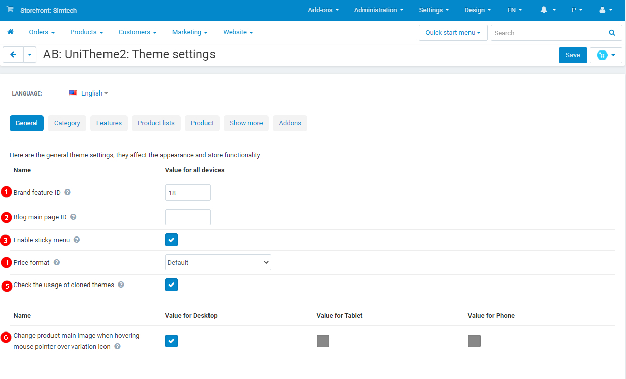 General theme settings