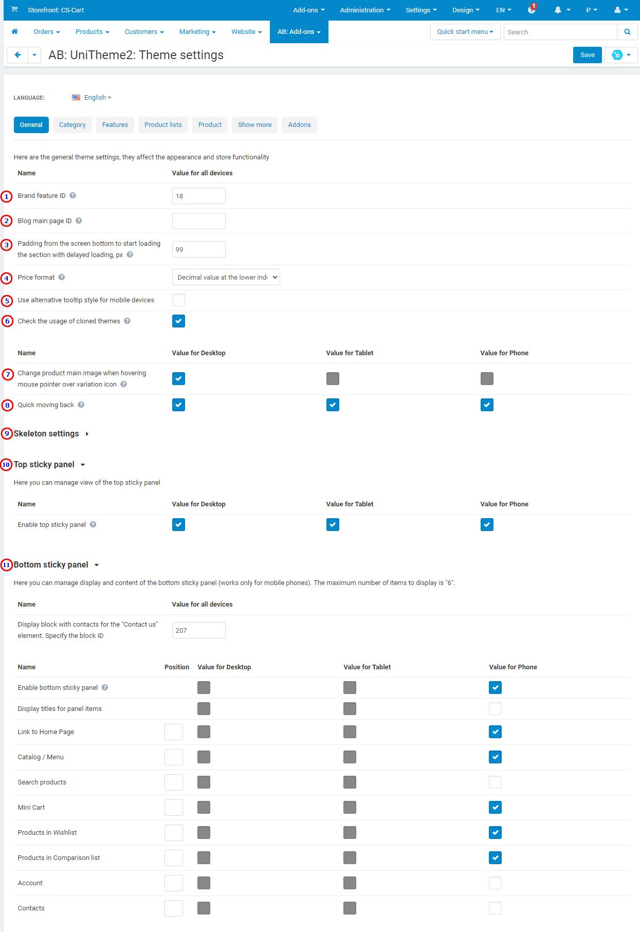 General theme settings General theme settings