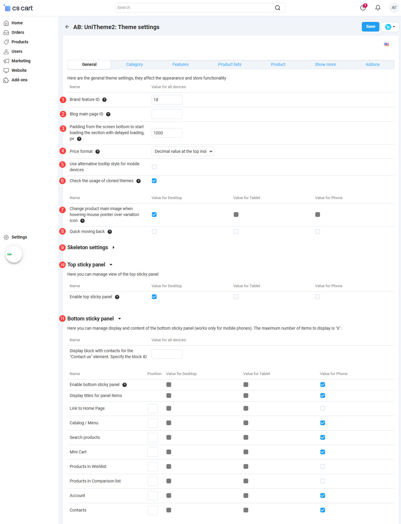 General theme settings