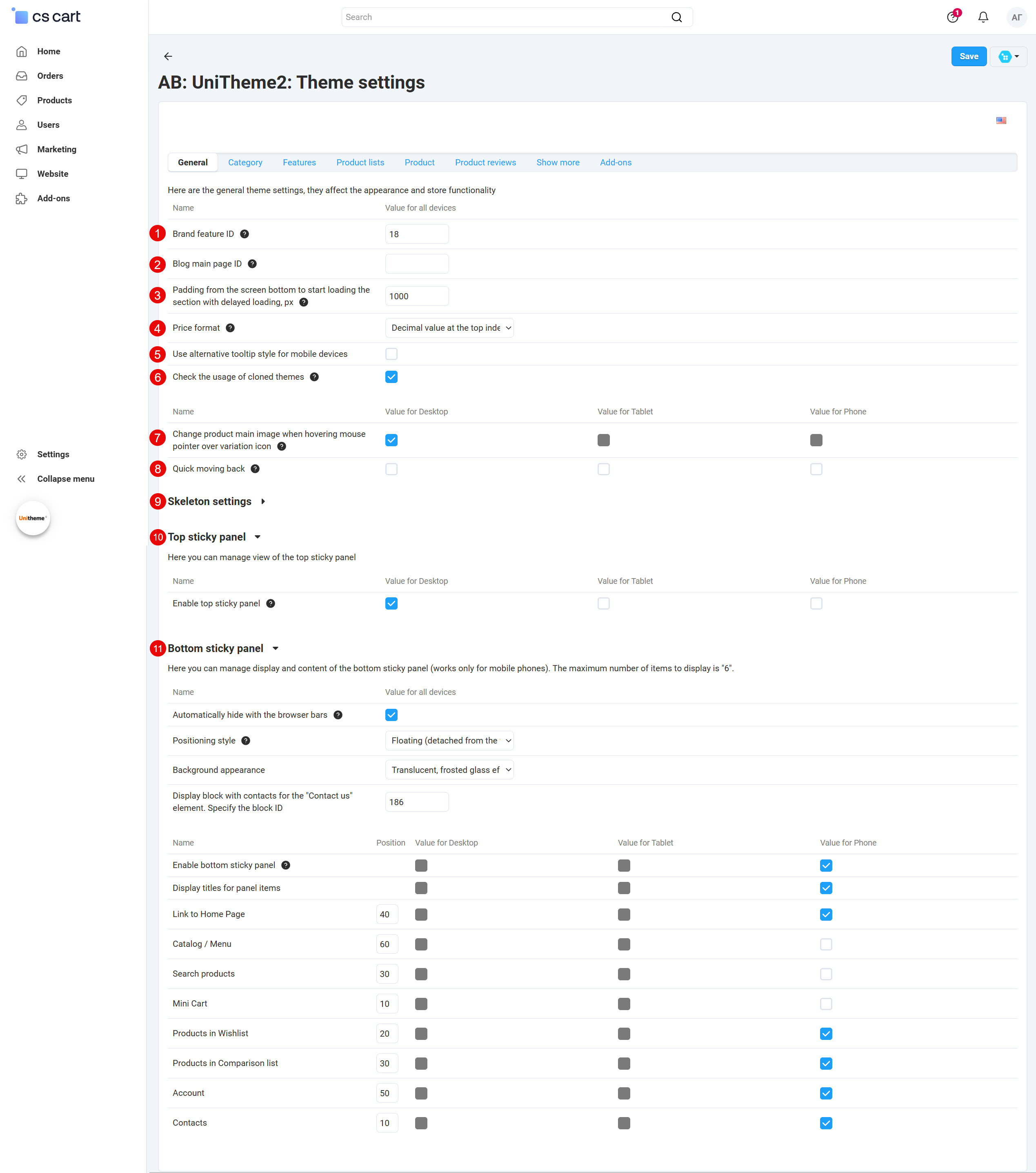 General theme settings