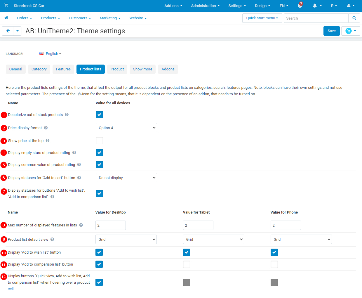 General settings for product lists General settings for product lists