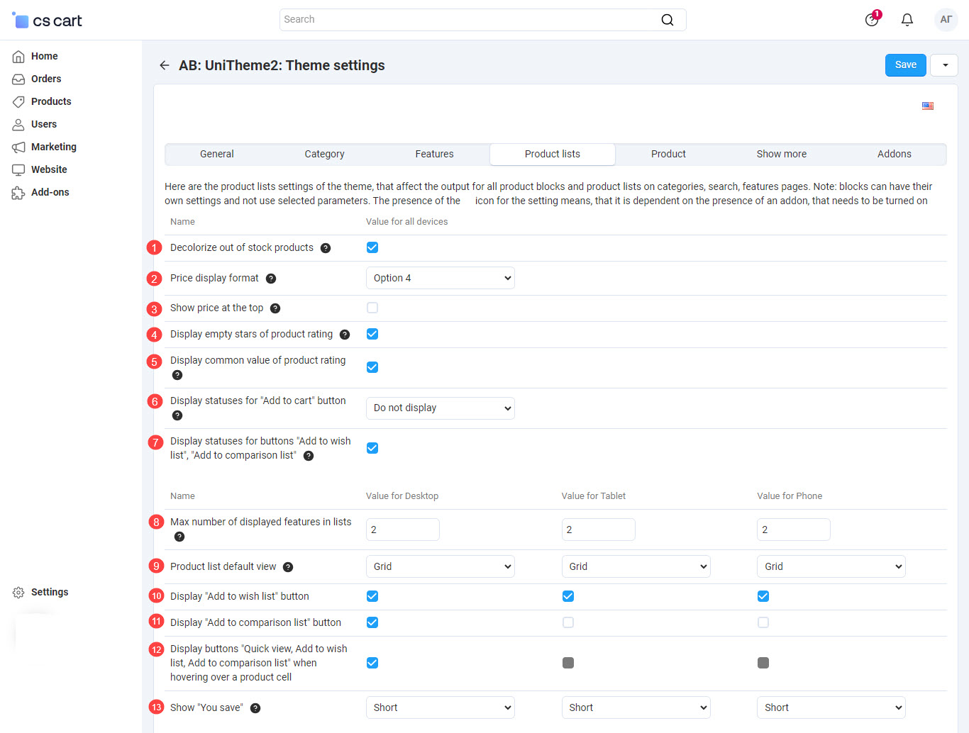 General settings for product lists