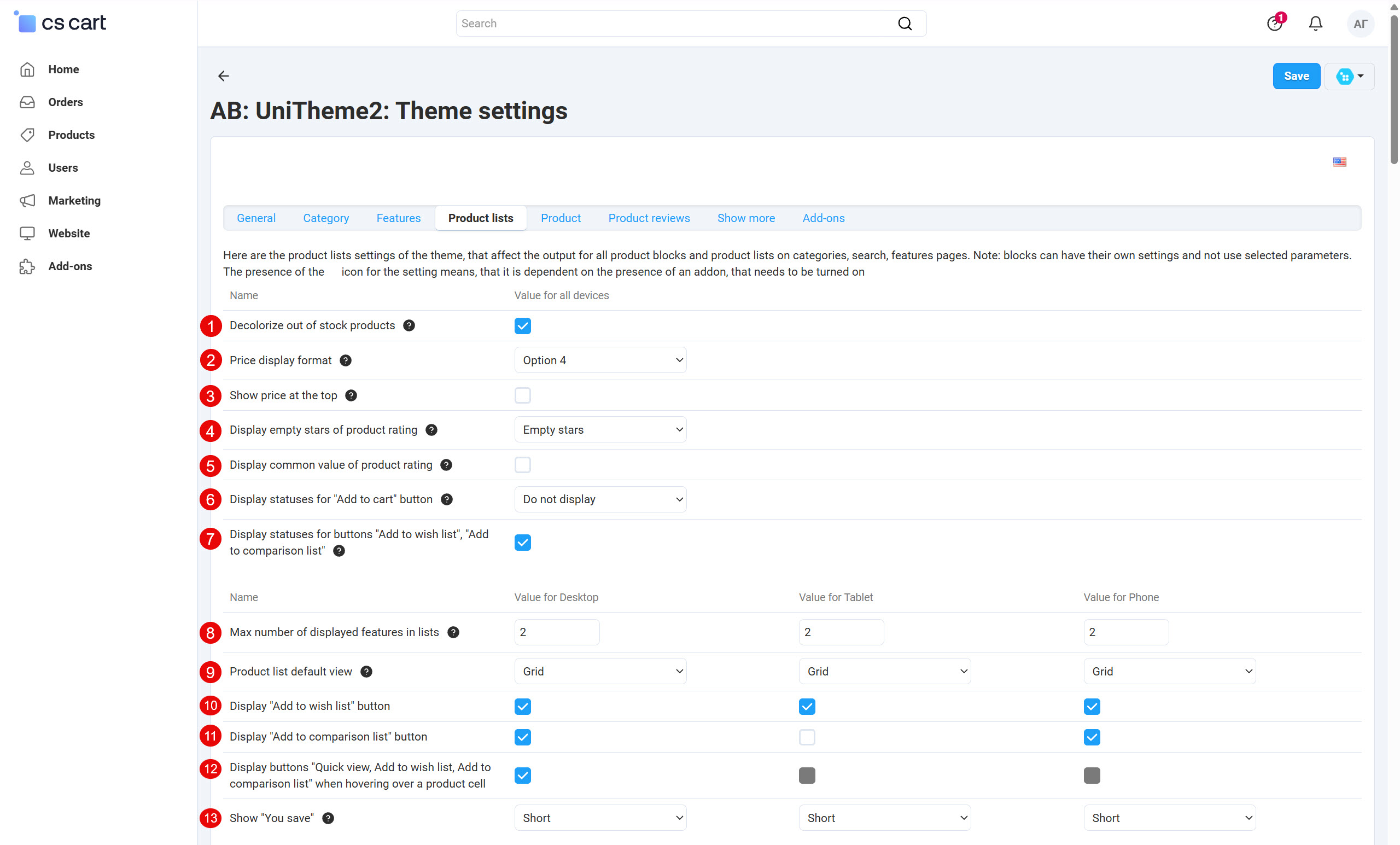 General settings for product lists