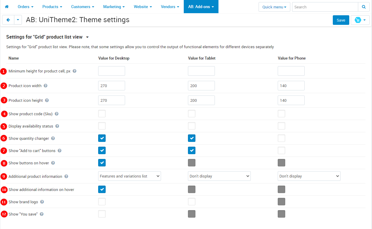 Settings for "Grid" product list view