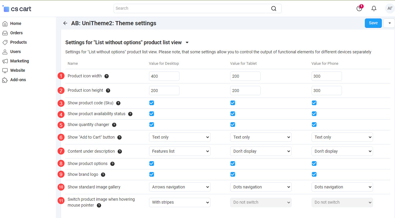 Settings for "List without options" product list view"