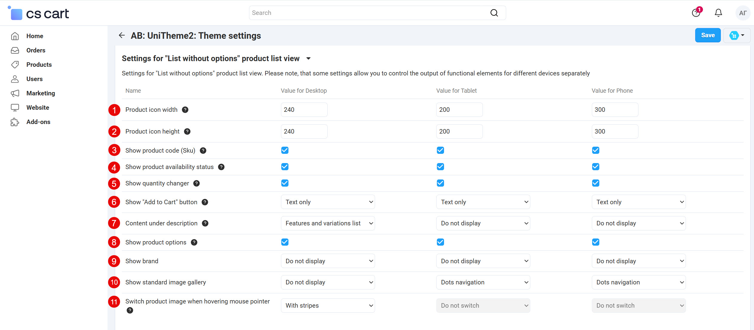 Settings for "List without options" product list view"