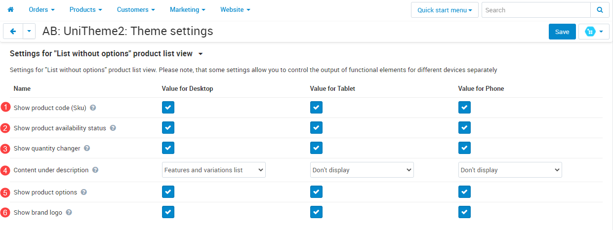 Settings for "List without options" product list view"