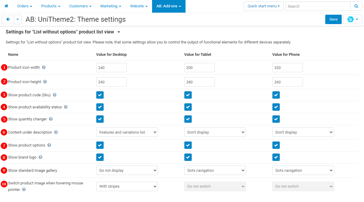 Settings for "List without options" product list view" Settings for "List without options" product list view"