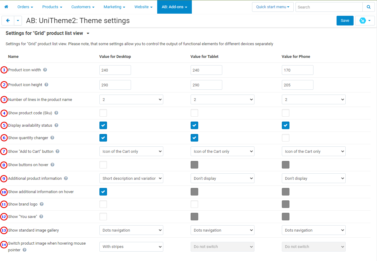 Settings for "Grid" product list view Settings for "Grid" product list view