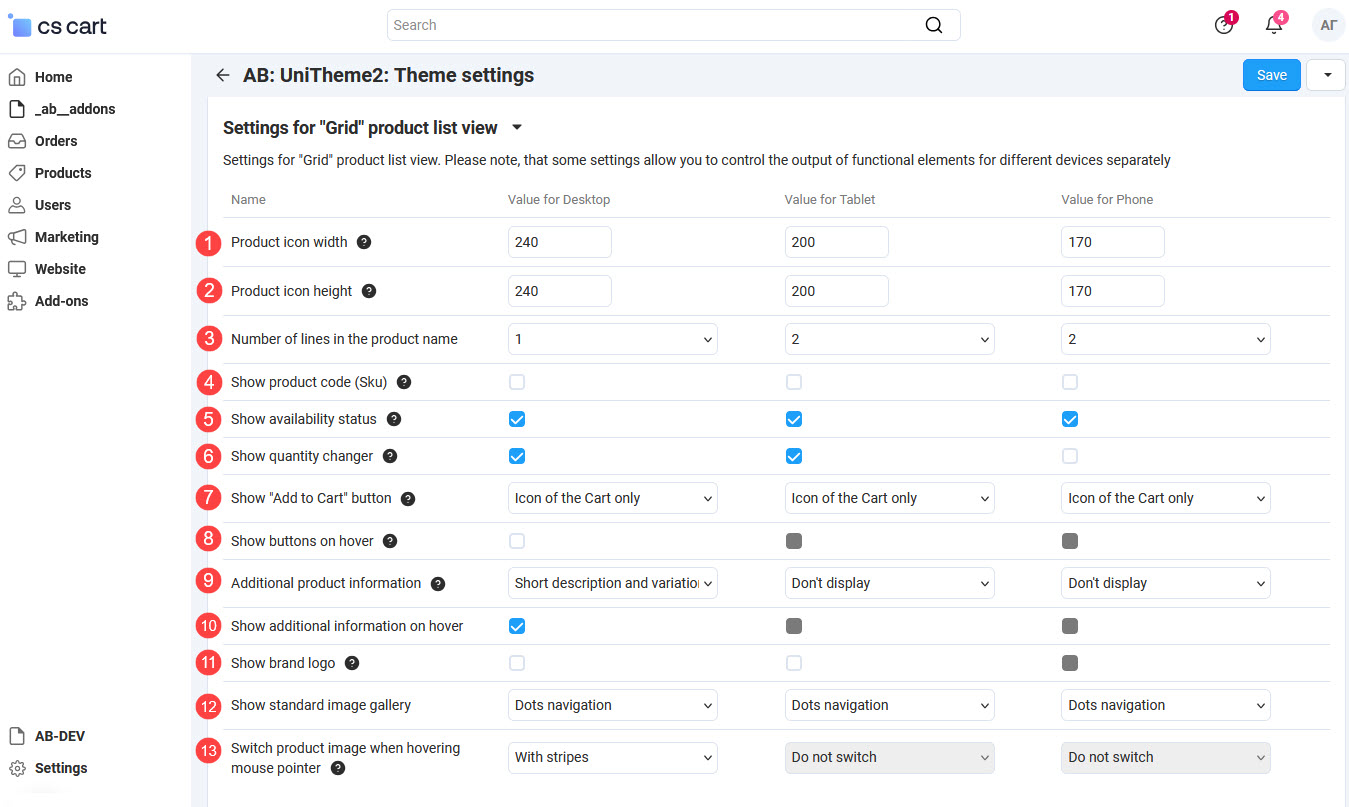 Settings for "Grid" product list view