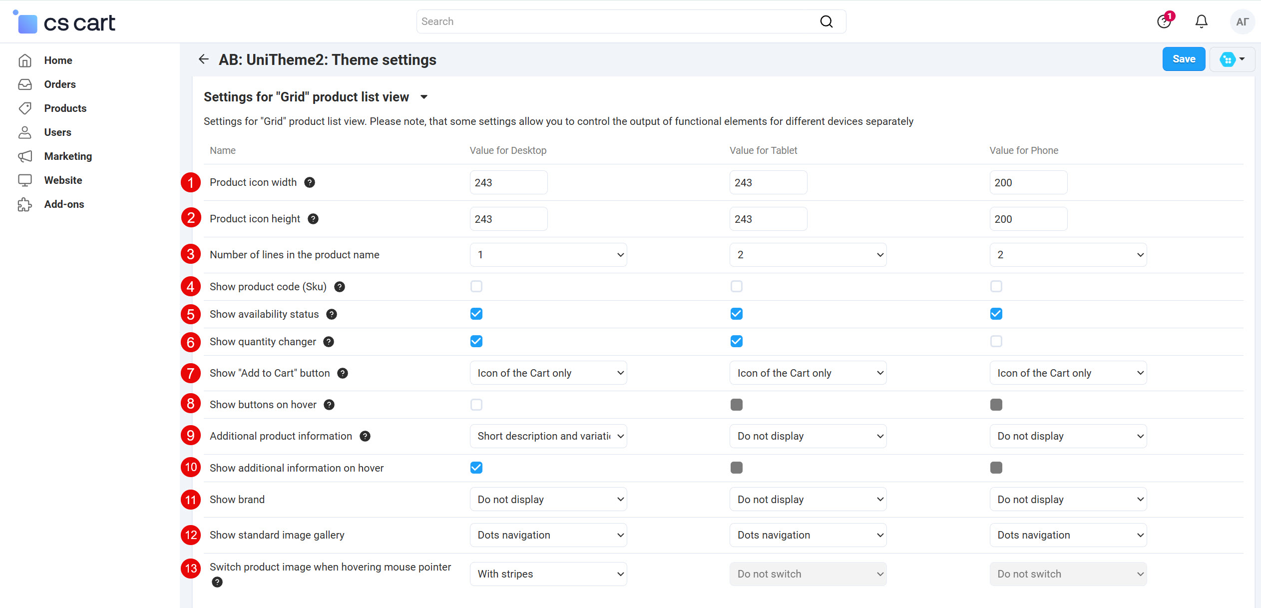 Settings for "Grid" product list view