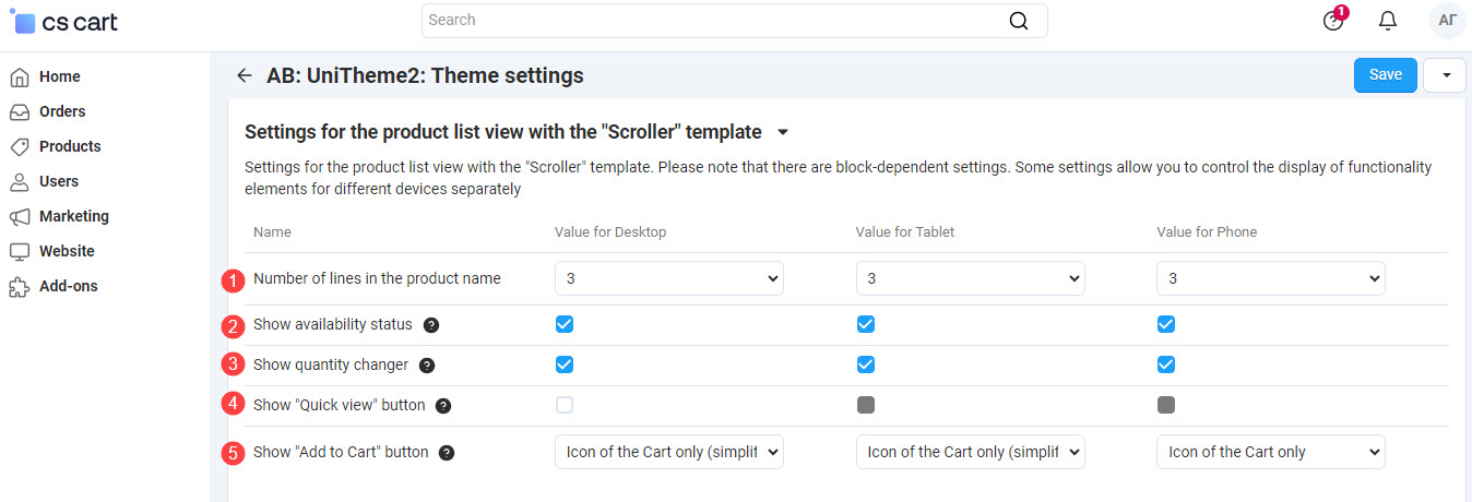 Settings for "Scroller" product list view 