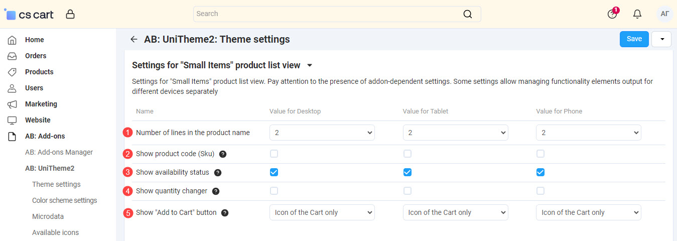 Settings for "Small Items" product list view 