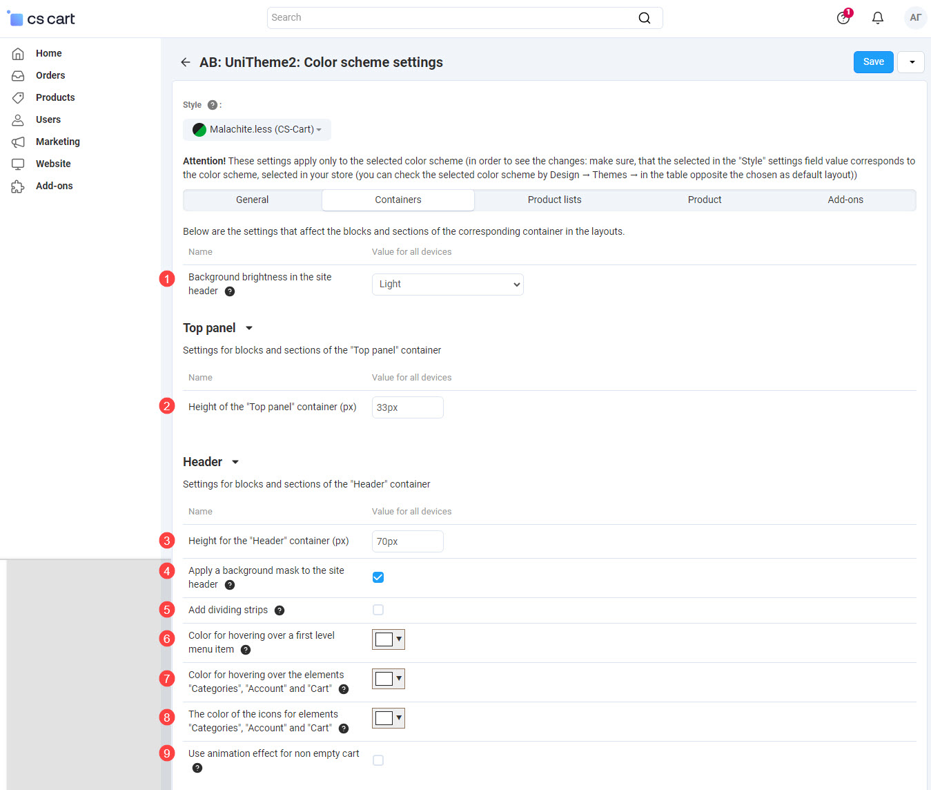 Color scheme settings - tab Containers Color scheme settings - tab Containers