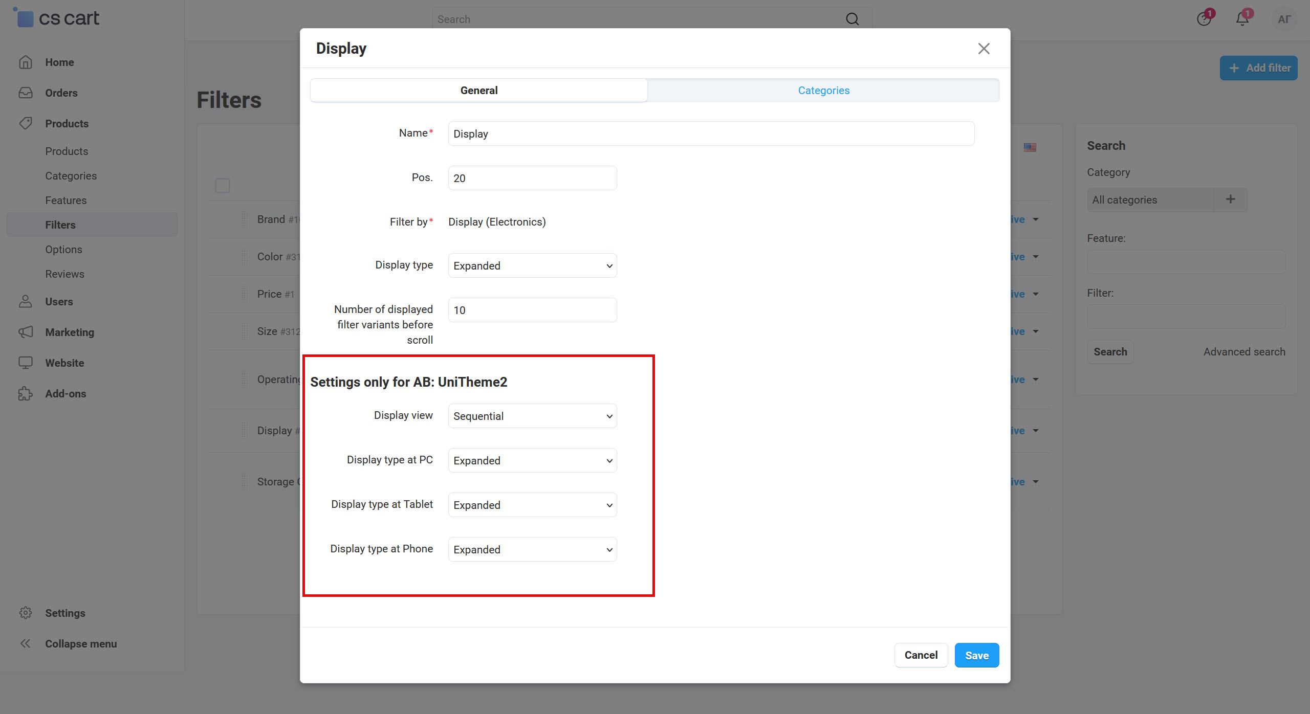 Settings for filters with variants of display type for each device