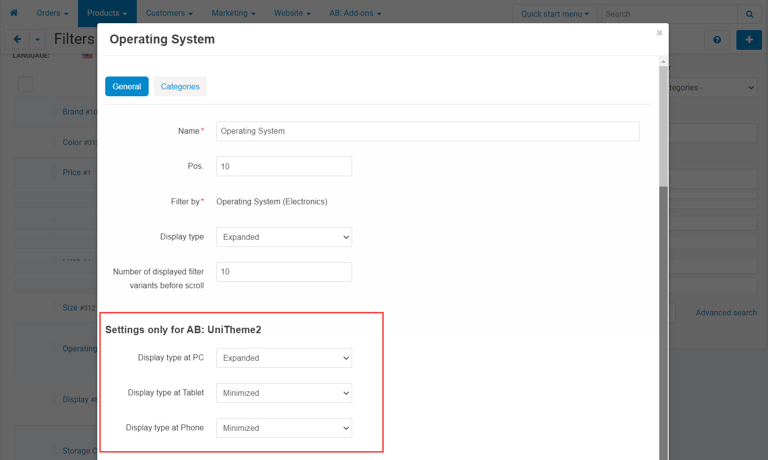 Settings for filters with variants of display type for each device