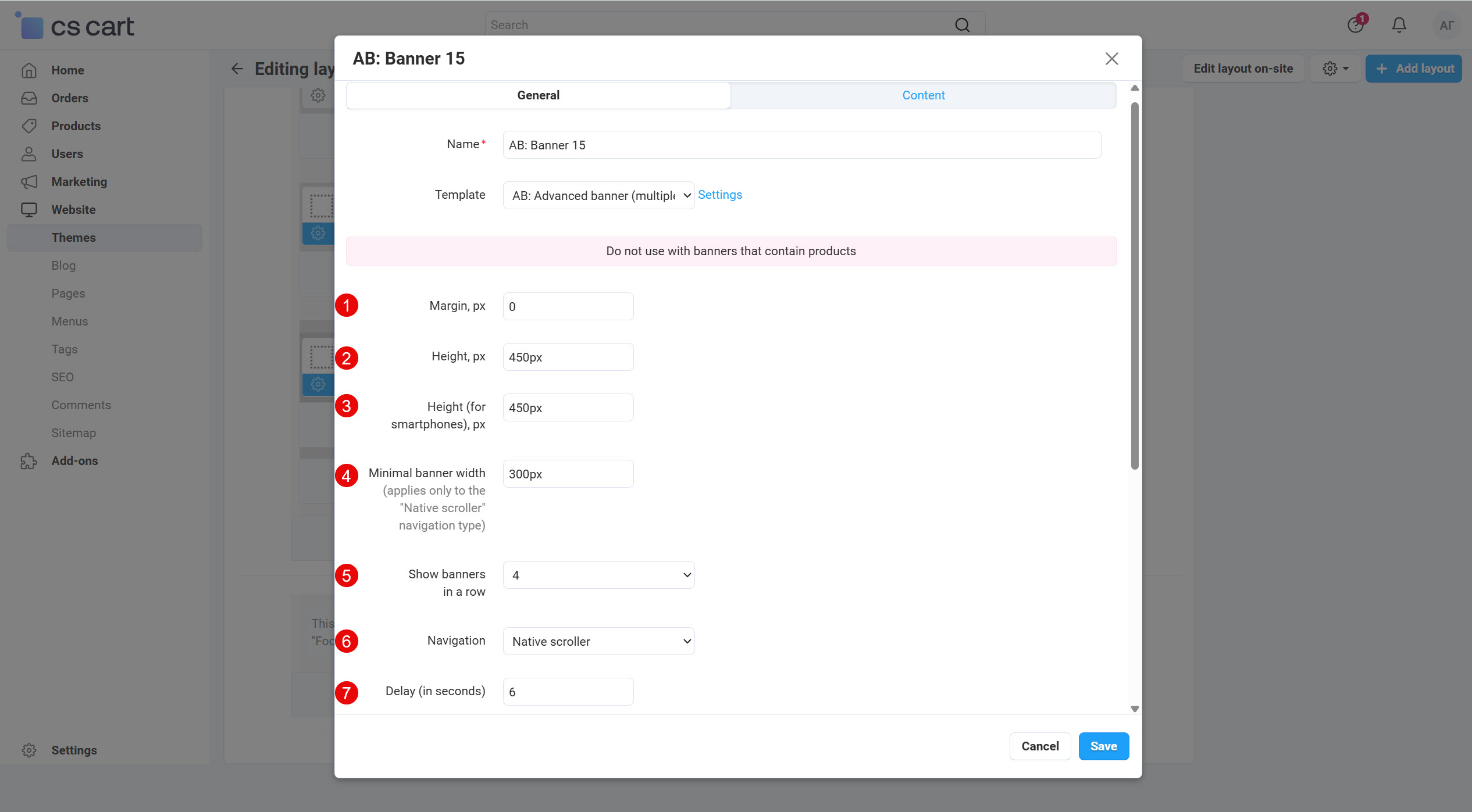 Settings of the banners template "AB: Advanced banner (multiple banners in row)"