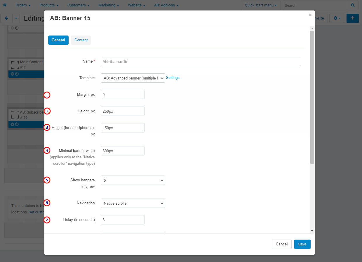Settings of the banners template "AB: Advanced banner (multiple banners in row)"