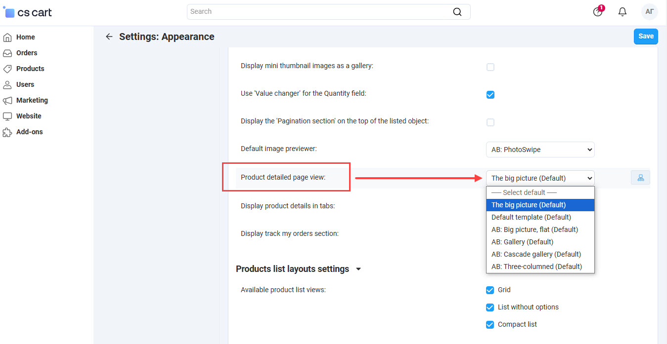 Page of setting "Appearance"