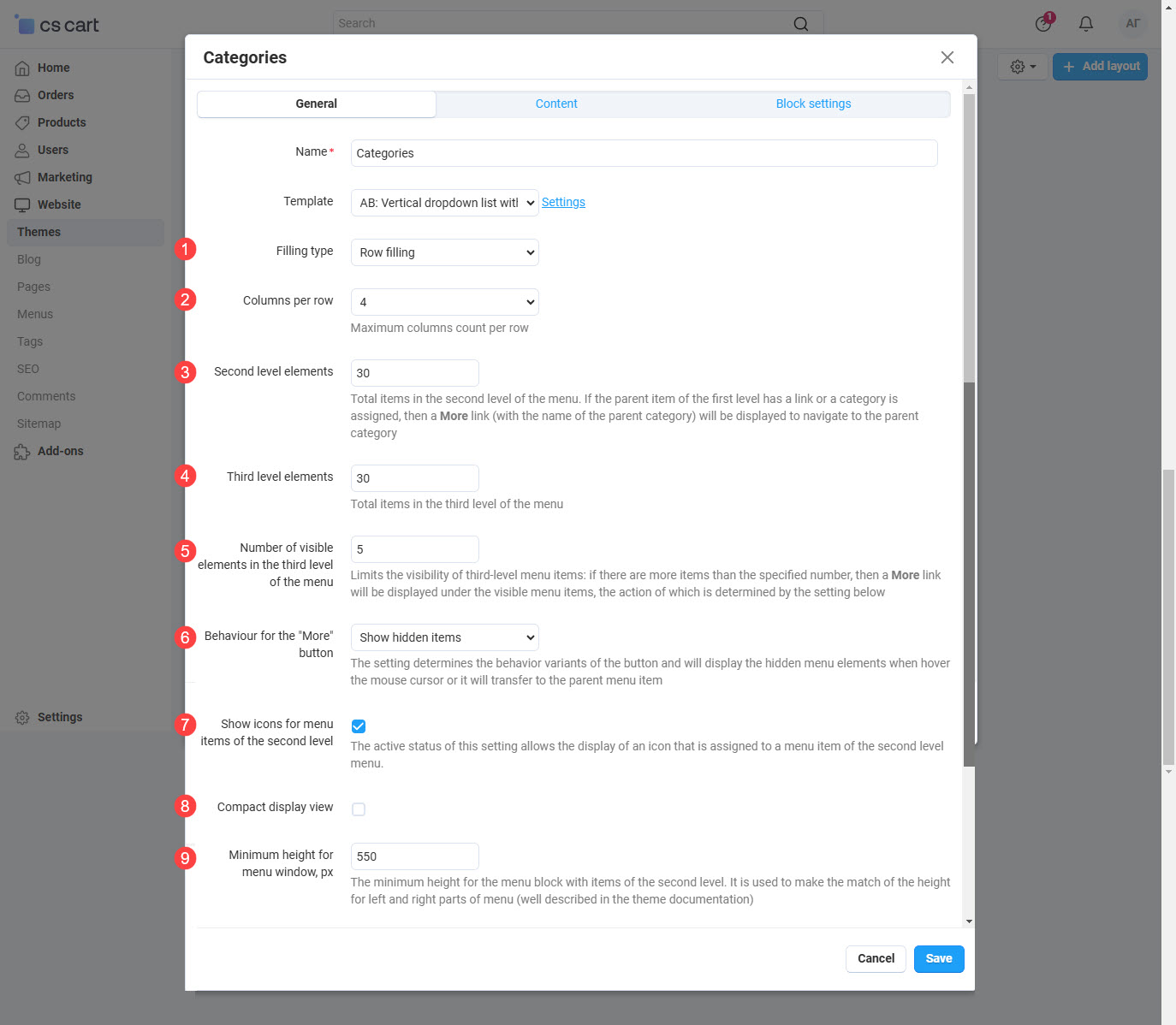 Additional settings for template - AB: Vertical dropdown list with icons