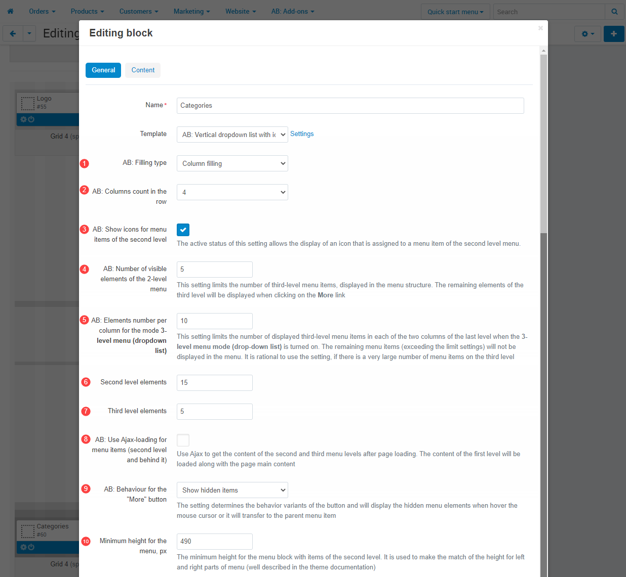 Additional settings for template - AB: Vertical dropdown list with icons